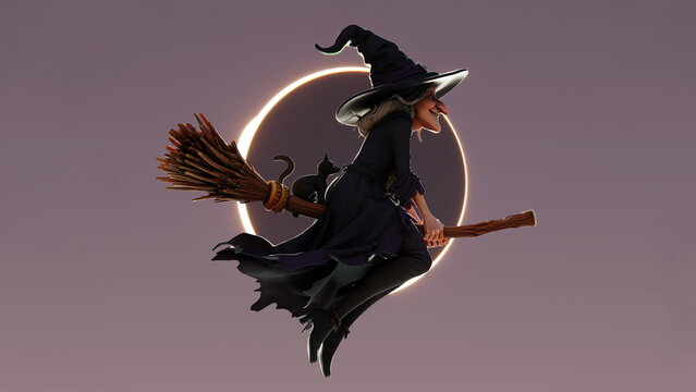 witch flies on her broomstick during a solar eclipse. scene shows a dark sky with a full moon behind her. witch has a long nose and wears a traditional hat and cloak. 3d render