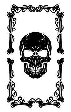 A black and white vector illustration of a human skull centered inside a decorative frame made of bones