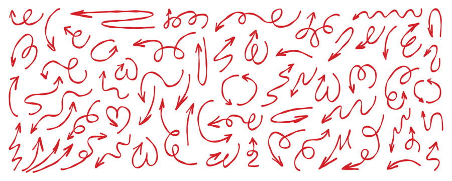 Red hand drawn arrows with curved, looping, circular, and scribble shapes forming a diverse collection of direction symbols isolated on white background