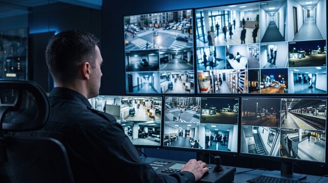 A security guard sits in front of several computer screens showing live video feeds. The guard watches footage from different areas in a building at night
