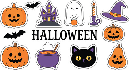 Fototapeta premium Cute cartoon Halloween collection with pumpkins ghosts black cat and haunted house for festive seasonal designs