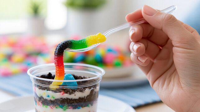 Hand holding spoon pulling gummy worm from dirt cake dessert cup