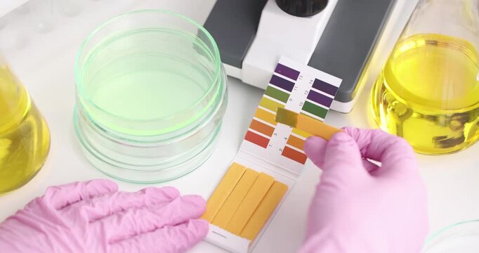 In a bright laboratory, a researcher carefully dips test strips into different liquids, observing vibrant color changes that reveal chemical properties.
