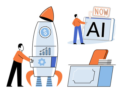 People working on rocket launch and artificial intelligence tablet vector illustration. Innovation, startup, technology, digital transformation, business growth, automation. Men developing project