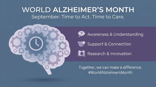 World alzheimer's month awareness poster with brain and clock icon