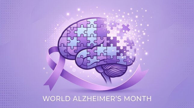 World alzheimer's month puzzle brain illustration with pink accents