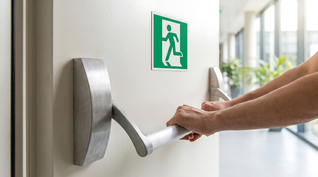 Person Opening White Door With Emergency Exit Sign For Safety Evacuation Concept