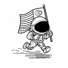 Kawaii Astronaut Running with Malaysia Flag Line Art for Merdeka