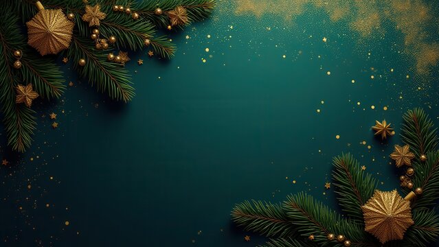 luxurious midnight blue and emerald green flat lay invitation background with gold leaf dust bokeh lights perfect for elegant christmas greeting card design