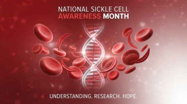 National sickle cell awareness month poster with dna helix and red blood cells
