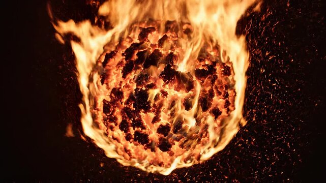 Orb of Fire with Cinematic Motion and Sparks in Darkness for Explosive Concepts