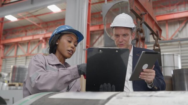 Industrial African American female engineer and factory manager wearing safety helmets review production data on tablets during a manufacturing inspection in facility.