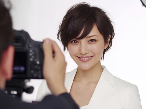 フォトスタジオでカメラを向けられ白いスーツ姿で微笑むショートヘアのビジネスウーマン
