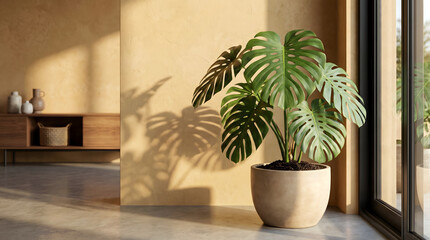 Fototapeta premium Monstera deliciosa plant in a beige ceramic pot, placed in a sunlit room with textured tan walls and a wooden console table in the background