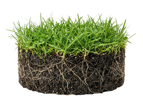 Cross section of green grass turf with soil and roots isolated on white background