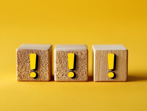 黄色い背景に並んだ感嘆符のアイコンが描かれた木製ブロックと重要事項や注意喚起のイメージ