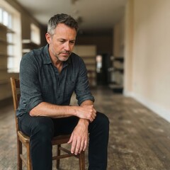 Fototapeta premium Middle-Aged Man in Deep Contemplation Captured in a Serene and Minimalist Setting