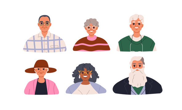 Old people avatars, senior woman and man characters set. Elder people faces, older senior person portraits. Happy grandfather, grandma, retired men, women avatars. Isolated flat vector illustrations.