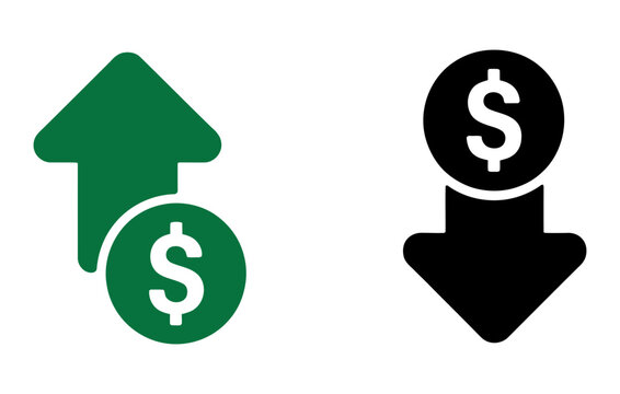 Money increase and decrease icons featuring profit, loss, dollar symbols, rising costs, financial trends, and vector illustration.