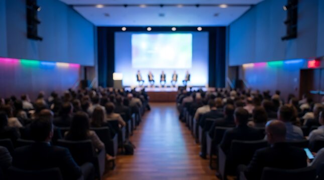 Blurred interior view of crowded auditorium with audience members listening to panel speakers on stage during professional business seminar event lighting mood.