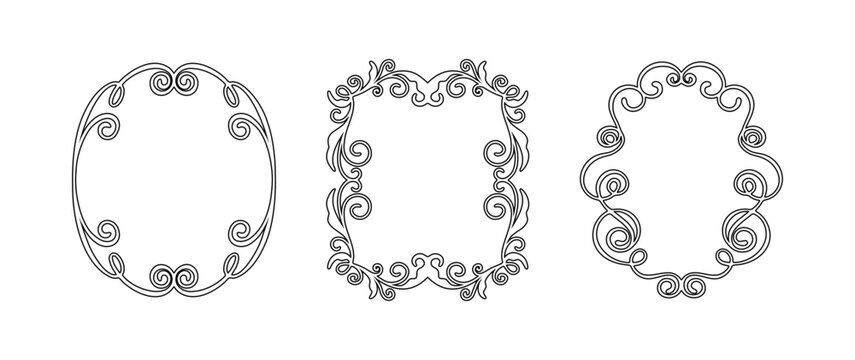 Elegant ornamental flourish frame with decorative swirls and curly line art. Vintage square border in golden outline style, perfect for wedding invitations, certificates, branding, logos