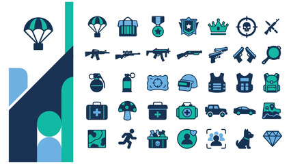 Fototapeta premium Military and tactical equipment flat icon collection with military, tactical