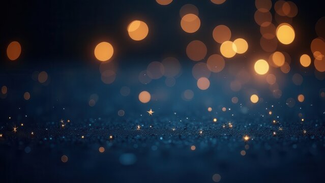 elegant dark navy background with warm gold bokeh lights and falling stardust perfect for festive holiday invitations and year end marketing designs