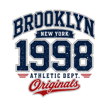 Bold navy text spells out "Brooklyn 1998". Red script reads "Originals" beneath a small banner. Classic athletic design evokes urban nostalgia. Perfect for vintage apparel, streetwear