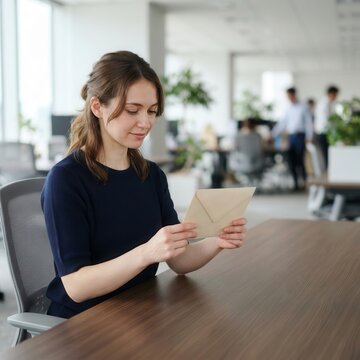 Woman Reading a Personal Letter at Her Modern Office Desk