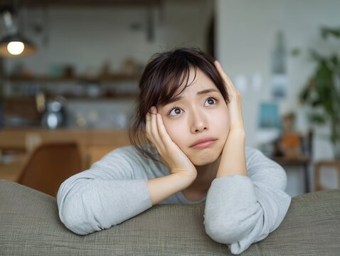 リビングのソファで頬杖をつきながら不安そうな表情で考え事をして悩む一人の若い女性