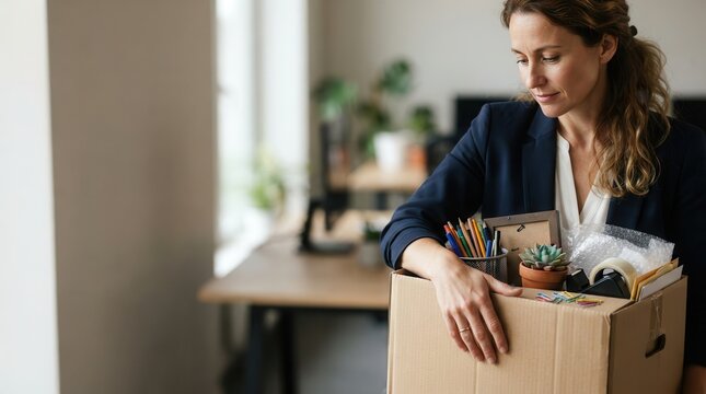 Woman holding a cardboard box of personal belongings after leaving her corporate office