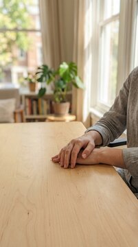 Quiet contemplation at a natural wooden desk in a sunlit room