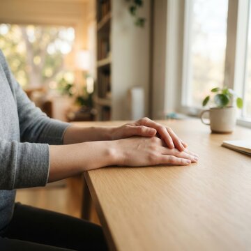 Quiet Contemplation at a Wooden Desk in a Sunlit Room Featuring Soft Natural Light and Minimalist Decor for Mindful Living Inspiration