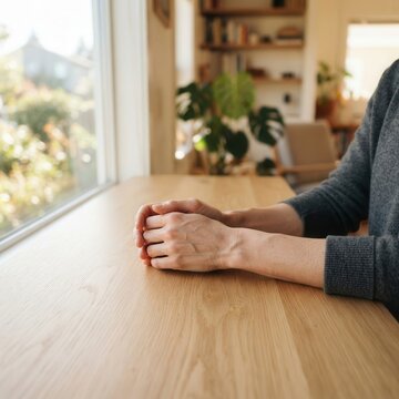 A Quiet Moment of Introspection at a Natural Wooden Table in a Sunlit Home Interior Setting