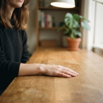 Quiet Contemplation at a Minimalist Wooden Desk with Soft Ambient Lighting and Lush Greenery in a Peaceful Home Office Sanctuary Space