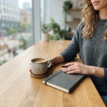 Morning reflection with a warm cup of coffee and a leather journal by a sunlit urban window