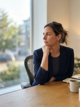 A Thoughtful Business Professional Contemplating Strategy by the Office Window A Serene Portrait of Corporate Ambition and Mindful Leadership in Daylight