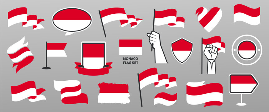 Monaco Flag Set in Different Styles. Vector Design Elements