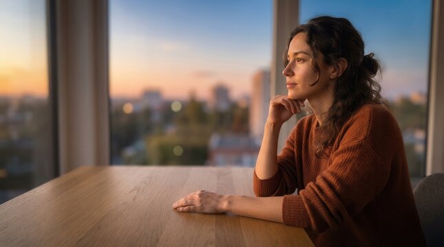 A Pensive Woman Gazing at a Golden Sunset Through a Window