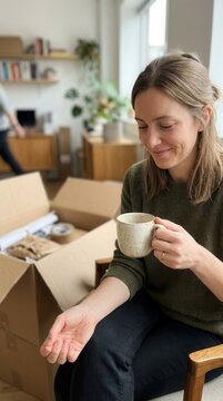 A Young Woman Finds Calm and Comfort with a Warm Ceramic Cup Amidst Cardboard Boxes in Her New Space