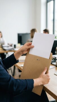 Hands Inserting a Crisp White Document into a Classic Manila Envelope within a Serene and Productive Modern Corporate Office Environment Setting