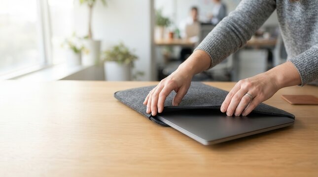 Hands-on moment as a sleek laptop is carefully inserted into a textured felt sleeve on a bright wooden office desk