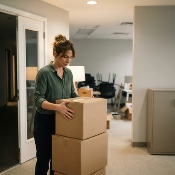 Woman Managing Office Relocation with Cardboard Boxes in a Modern Workspace Setting for Efficient Corporate Transition and Logistics Management