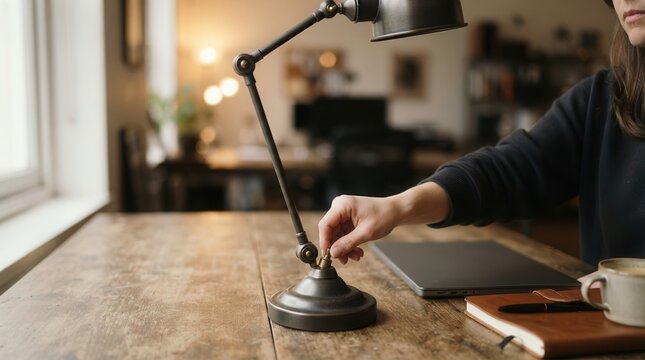 Quiet focus as a woman adjusts a vintage brass lamp casting a warm glow over her rustic wooden desk laptop and leather notebook
