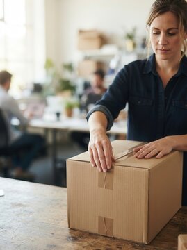 Woman carefully sealing a cardboard parcel for shipment in a busy office