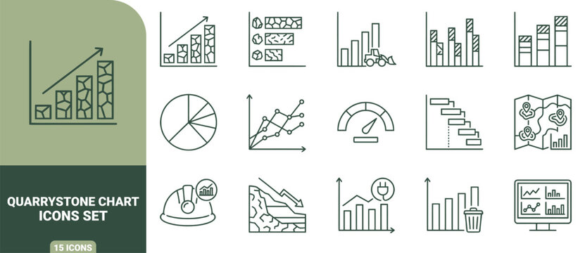 Quarry stone chart icons set featuring bar graphs, pie charts, scatter plots, and maps in green line style