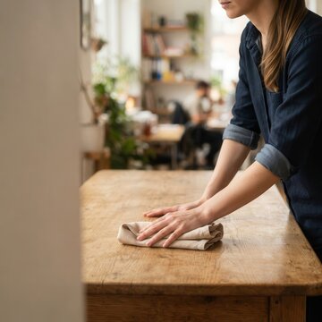 Person gently wiping a rustic wooden table with a soft cloth