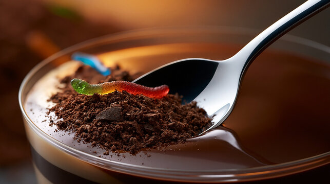 Metal spoon scooping dirt cake dessert with gummy worm and chocolate shavings, close-up