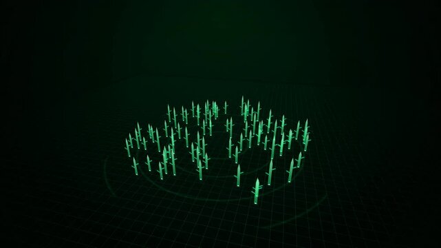 Digital Crops: A 3D abstract animation featuring glowing green data particles resembling plants or crops growing in a circular grid pattern against a dark background, representing futuristic agricultu
