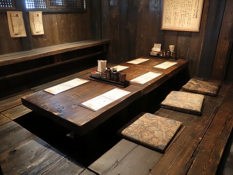 木目調が美しい和風居酒屋の掘りごたつ席と清潔な座布団が並ぶ落ち着いた屋内の風景